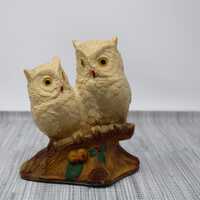 Vintage Resin Pair of Owls on Perch - Mid Century Modern MCM Owl Figure