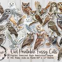 Owl Fussy Cut Ephemera Pages - 26 High Quality Printable Digital Download - Junk Journal Rustic Bird