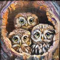 Three sisters babies owls birds in hollow original art handmade painting for birds lovers 12x12.