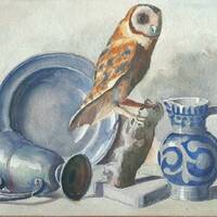 Tawny Owl In A Still Life Original Watercolour Painting With Pewter And Ceramics Signed by Artist A.