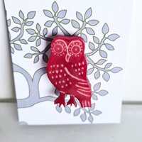 Wise Owl Brooch  / Christmas red bird night owl wildlife pin  / Hand Carved Tagua Nut pin with mushr