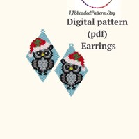 Christmas owl earrings beading pattern, Owl PDF Brick Stitch pattern, Holly earrings Miyuki Seed Bea