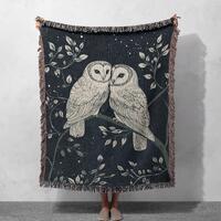 Owl Lovebirds Woven Blanket 100% Cotton with Starry Night and Branch Design, Cottagecore Tapestry