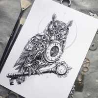 Clockwork Steampunk owl watercolour painting illustration digital print, steampunk esoteric mechanic
