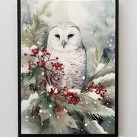 Snowy Owl Christmas Print, Winter Berries, Nature Wall Art (Digital Print)