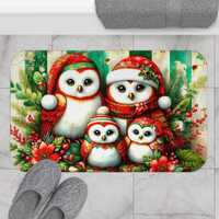 Holiday Owl Bathmat - Adorable, Charming, Heartwarming, Precious - Christmas Bathroom Decor, Cute Ow
