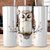 Rustic Owl Digital Tumbler Wrap PNG, Cute Woodland Owl on Branch, Floral Owl PNG for Sublimation Tum