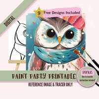 Winter Owl Paint Party Printable, Cozy Owl Tracer Art - Fun Paint and Sip DIY Decor - Winter Craft K