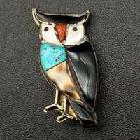 Vintage Zuni Native Owl Coral Turquoise MOP Shell Silver Pin Brooch