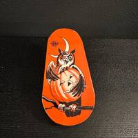Vintage Halloween Noisemaker: US Metal Ratchet Toy, Owl & Jack-o'-Lantern