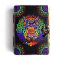 Owl Print Leather Journal - 7x5 Handmade Notebook with Owl Print Design - 144 Pages Writing Journal 