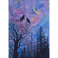 Owl Painting Enchanted Forest Original Art 5" x 7" Night Sky Painting Woodland Celestial W