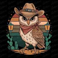 Retro Cowboy Owl Digital Design: Wild West Art (PNG Download)