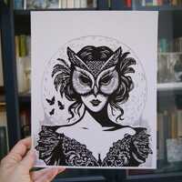 Owl mask girl illustration art print