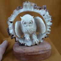 little medium white Horned Owl of shed ANTLER crown base figurine Bali detailed carving of shed Moos