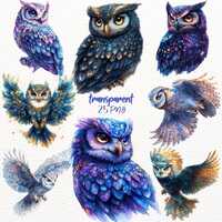 25 Cute Owls Clipart PNG Bundle, Digital Watercolour Graphic, Mystical Whimsical Junk Journal, Scrap