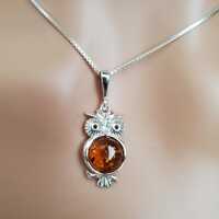 Amber Owl Necklace/ Amber Pendant Necklace/Baltic Amber Pendant/Sterling Silver Pendant/A34