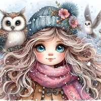 13 Quirky Girl and her Owl Clipart Whimsical Watercolor Clip Art Christmas Images Nursery Digital Do