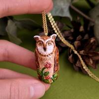 Handmade Owl Pendant Necklace: Polymer Clay Bird with Flowers