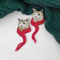 Embroidered Owl Brooch with Red Scarf, Cute Winter Animal Pin, Woodland Bird Jewelry, Cozy Gift for 