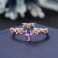 Unique Natural Amethyst Owl Engagement Ring 14k Rose Gold Round Amethyst Emerald Wedding Ring Cute A
