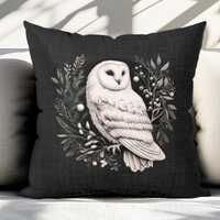 Snow Owl Pillow, Outdoor pillows, Rustic Woodland, Winter home decor, Outside black cover, Green wit