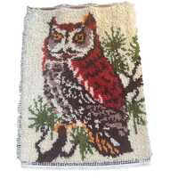 Handmade Latch Hook Vintage Owl Tapestry - Simple Hanger is Included - Raw Edge