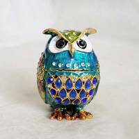 Unusual teal and green enamel owl trinket box, embellished with diamanté stones, jewellery bo