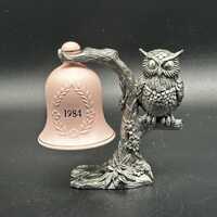 Michael Ricker Pewter 1984 Ceramic Bell on Owl Stand Signed Numbered