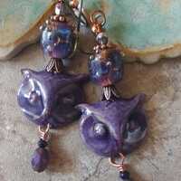 Dark Purple Owl Earrings * Enameled Earrings * Bohemian Style Earrings * OOAK Jewelry Gift Idea * Th
