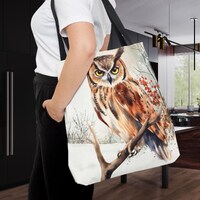 Winter Owl Snowy Forest Tote Bag, Birdwatcher Wildlife  Animal Seasonal Nature Outdoorsy Reusable Gi
