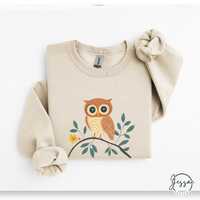 Simplistic Owl Graphic Hoodie | Owl Perched on Branch with Floral Accents | Cozy Sweatshirt for Natu