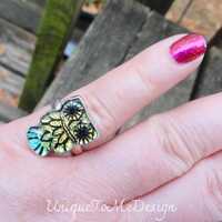 925 - Owl Dichroic Glass Ring size 8.5, Sterling Silver Natural Dichroic Glass Green Owl Ring 8 9, S