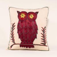 Handmade Suzani Pillow Cover with Owl sitting on a Green Branch, Burgundy, Red, Yellow Accents, Myst