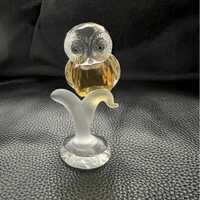 Vintage Faceted Art Glass Crystal Amber Owl Frosted Glass Branch Green Eyes 4”