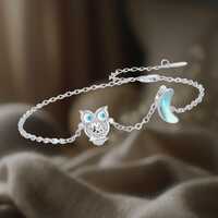 Owl Bracelet 925 Sterling Silver Moon Owl Adjustable Bracelet Moonstone Bird Bracelet Animal