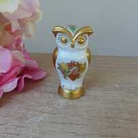 Rare figurine vintage hibou doré en porcelaine blanche décor fleuri, figurine miniatur