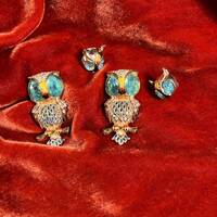 Vintage Coro Pegasus Sterling Owl Fur Clips & Earrings: Enamel Rhinestone Duette