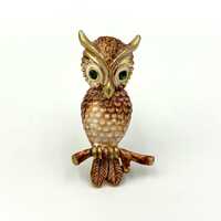 Vintage Castlecliff Owl Brooch Pin | Enamel / Gold Tone | Green Rhinestone Eyes | Jewelry