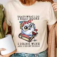 Funny Book Lover T-Shirt: Owl, Wine, and Books