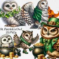 St. Patrick's Day Owl Clipart: Watercolor Shamrock PNG Graphics (Commercial Use)