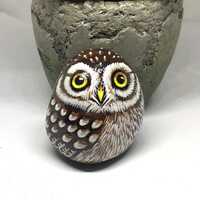 Little Burrowing Owl painted rock, Size 2 X 1.8 inches, Unique owl gifts,Bird painted stones, Owl lo