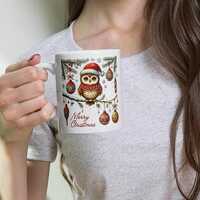 Christmas Owl Mug With Festive Ornaments and Merry Christmas Text, Holiday Coffee Mug, Owl Sitting o