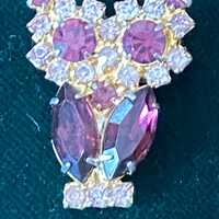 Jewelry, Owl brooch, purple rhinestones, unmarked, 1970s