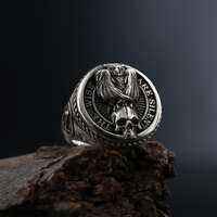 Skull Owl Signet Ring, Masonic Freemason Sterling Silver Men's Ring