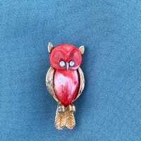 Coral owl,Vintage bird brooch, owl brooch, costume brooch,owl pin, bird jewellery, Vintage accessori
