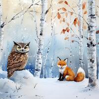 Owl and Fox Art Snow Landscape Owl Night Forest Watercolor Painting Print
