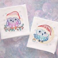 Whimsical Christmas Owls Flour Sack Embroidered Towels Set of 2