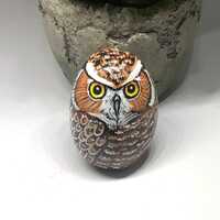 Little Great Horned Owl painted rock, Size 2 X 1.8 inches, Unique owl gifts,Bird painted stones, Owl