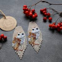 Barn owl - handwoven beaded earrings,bird,long modern earrings,nature inspired,fringe earrings,gift 